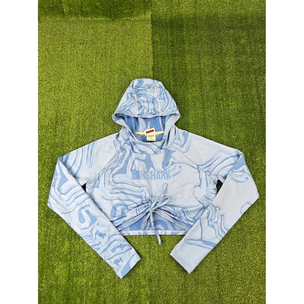 Gymshark Womens Blue Marble Swirl Cinched Front Hooded Crop Top Size M